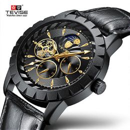TEVISE Luxury Men Watch Automatic Mechanical Watch Leather Strap Moon Phase Tourbillon Luminous Wristwatch Relogio Masculino3131