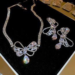 Necklace Earrings Set Hollow Out Zircon Bow Knot Water Drop Ear Stud Korean Light Luxury Fashion Jewellery For Women