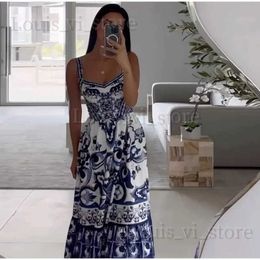 Basic Casual Dresses Elegant Printed Suspender Dress For Women Elegant Sleevelessv Neck Layered Long Vestidos Summer Female Party Vacation Dresses T240227