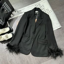 2024 Black Lapel Neck Long Sleeves Women's Blazers Designer Letter Logo Embroidery Removable Ostrich feather Sleeves Blazers Womens 22718