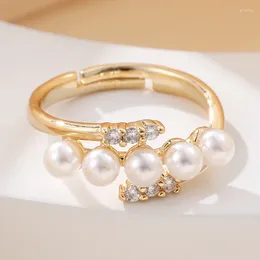 Cluster Rings Korean Fashion Jewelry Open For Girl Elegant Light Gold Color Zircon Wedding Pearl Ring Party Daily