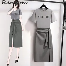 Work Dresses Women Elegant Office Gray Suit Letter Print T Shirt Top And Split Knee Skirt Two Piece Set Ladies Workwear Matching Outfit