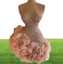 Dusty Pink Ruffles Short Cocktail Dresses Mini Prom Dress Beading Halter Lace Sequins Party Robes Vestido de Novia3770064