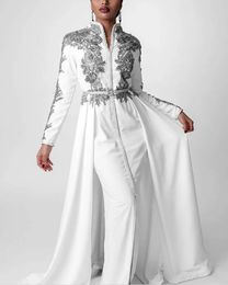 Elegant Arabic Dubai White Evening Dresses With Detachable Skirt Grey Lace Appliques Sheath Long Sleeves Satin Prom Dress 2024 Formal Occasion Gowns For Women