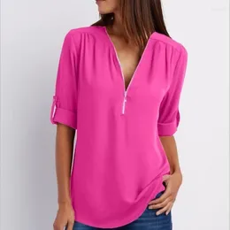 Women's Blouses Solid Zipper Shirt Loose Long Sleeve Chiffon Blusas Tops Women Sexy V Neck Casual Summer Blouse Gift