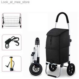 Shopping Carts Folding shopping cart with waterproof insulation bag for storage grocery cart with large rubber wheels with aluminum alloy poles Q240227