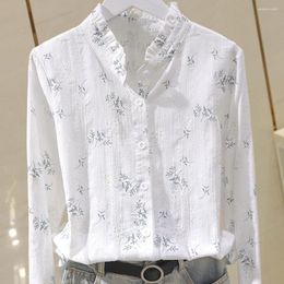 Women's Blouses 2024 Autumn Fashion Korean Standing Collar Cotton Printed Shirts Versatile Fit Style Slim Top For Female