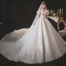 2024 Elegant Plus Size A Line Dresses Princess Satin Sweep Train Dress Vestidos Custom Made Vestido De Novia Bridal Wedding Gowns 403