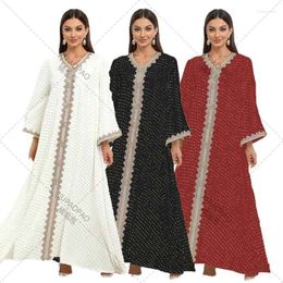 Ethnic Clothing White Satin Striped Jacquard Maxi Dress Women Elegant V Neck Golden Tape Trim Dubai Arab Muslim Abaya Moroccan Kaftan Eid