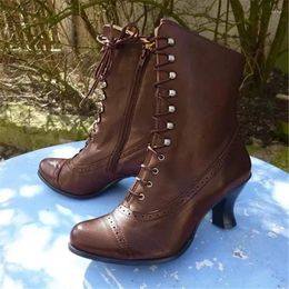 Boots Winter Lace Up Ladies High Heel Shoes Motocycle Boot Victorian Women Fashion Pointed Toe Thick Soled Short 2024