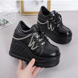 Dress Shoes Autumn Women Pumps Vintage Round Toe Wedges Female High Heel Lace Up Sexy Nightclub Platform 10CM Chain Black Heels