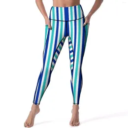 Active Pants Vertical Striped Yoga Blue And White Gym Leggings High Waist Elastic Sport Retro Printed Legging Gift