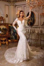 Lace Mermaid New Wedding Dresses Sheer Long Sleeves Tulle Applique High Neck Illusion Court Train Bridal Gowns With Buttons Back Bc15860