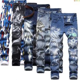 Men's Jeans Plus Size Mens Jeans 3D Digital Print Stretch Denim Pants Blue Black White Trousers Men Fashion Slacks 28-34 36 38 40 42 T240227