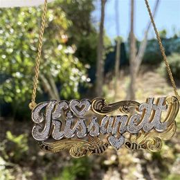 Custom Name Jewellery 18K Plated Two Tone Gold Personalised Double Plate 3D Name Necklace Customised Stainless Steel Jewellery Gift 240226