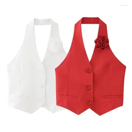 Women's Vests YENKYE 2024 Women Sexy Backless Halter Flower Appliques Vest Sleeveless Front Button Female Chic Waistcoat Crop Top