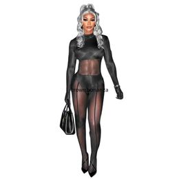 2024 Designer Mesh Patchwork Jumpsuits Women Spring Long Sleeve Rompers Sexy Sheer Overalls See Through Leggings Party Club Wear Wholesale Clothes