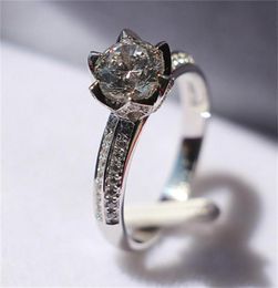 Genuine 14K White Gold Lotus Flower Shape Diamond Women Engagement Ring Beautiful Jewelry Gift For Sweetheart3291959