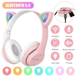 Headphones Wireless Bluetooth 5.0 Headset Cat Rabbit Ear LED w/Mic Headphone For Kids Girls