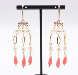 Dangle Chandelier Jewellery Natural White Pearl Pink Coral CZ Pave Hook Earrings For Women Lady GiftDangle1723376