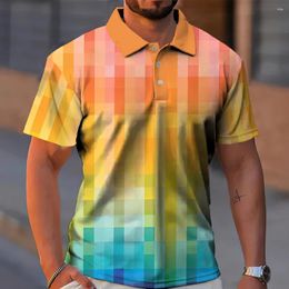 Men's Polos Color Gradient Plaid Printed Summer Button Down Collar Polo Shirts Casual Tops Oversized Short Sleeve Fashion Men Clothing