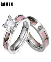 Wedding Rings Somen Pink Tree Camo Inlay Titanium Couple Ring Women Cubic Zirconia Band Men Engagement Jewellery Lover AllianceWeddi6058394