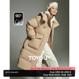 Coats Toyouth Women Long Down Jacket 2023 Winter Stand Collar Thick Hooded Coat Chequered Texture Fashion Warm Black Khaki Overcoat