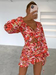 Casual Dresses JustChicc Floral Print Knot Front Cut Out Ruched Ruffle Hem Bodycon Dress