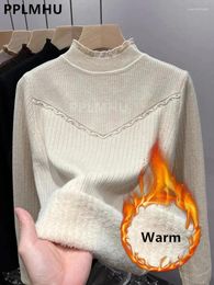 Women's Sweaters Half Turtleneck Sweater Winter Slim Thicken Knitwear Jumper Woman Soft Knit Pullovers Casual Plush Velvet Lined Warm Malhas