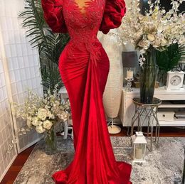 플러스 사이즈 아랍어 ASO ASO EBI RED MERMAID LACE PROM DRESS BEADED SHEER NECK VELVET 저녁 형식 파티 두 번째 리셉션 가운 드레스