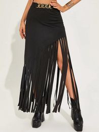 Skirts Wsevypo Punk Black High Waist Tassel Long Skirt Women's Waisted Flared Harajuku Streetwear Night Club Wrap