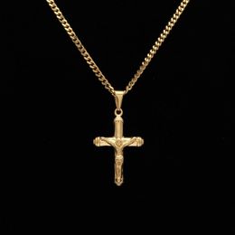Jesus Cross Necklace Gold Plated Stainless Steel Pendant Fashion Religious Faith Necklaces Mens Hip Hop Jewelry306j