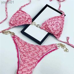 Women's Swimwear Swimwear Chain Designer Bikini Swim Suit Thong Black Girl Sexy Pink Triangl Tankini Beach Waist Cover Push up Bathing 20ss yq240227