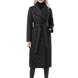 Women's Trench Coats Long Straight Winter Coat With Rhombus Pattern Casual Sashes Women Parkas Deep Pockets Tailored Collar Stylish