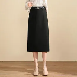Skirts 2024 Women Autumn Winter Fashion Pockets Woollen Female Long Solid Colour Ladies High Waist Slit Hip Q379