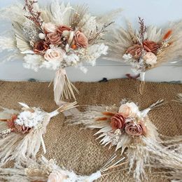 Natural Pampas Grass Artificial Flowers Rustic Vintage Wedding Bouquet for BridesmaidBoho Dried FlowersBridal 240223