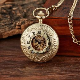 Pocket Watches Vintage Luxury Carving Machinery Watch For Men Engraved Case Roman Numeral Fob Chain Necklace Clock Collection Gift