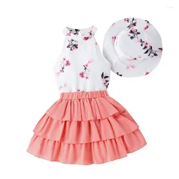 Clothing Sets Kid Girl Summer Skirt Outfits Sleeveless Mock Neck Tops Ruffle Bucket Hat Set 3Pcs Toddler Tutu Clothes