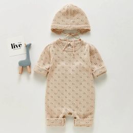 Jackets Korean Style Newborn Baby Boys Girls Hollowed Out Solid Colour Knitted Long Sleeve Jumpsuit+Hat Spring Autumn Toddler Baby Romper