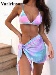 Women's Swimwear New Sexy Tie Dye With Sarong Bikini Female Swimsuit Women Swimwear Three-pieces Bikini set Bather Bathing Suit Swim Lady V2888 T240227