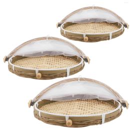 Dinnerware Sets 3 Pcs Round Dustpan Bamboo Craft Basket Woven Container Veg Decorate Ware Mesh Steamed Bun Wooden Tray