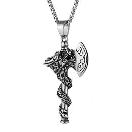 Wolf Tide Jewelry Nordic Myth Dragon Axe Titanium Steel Stainless Necklace Antique Silver Color Men's Hip Hop Punk Rock Viking Bijoux Wholesale Collar