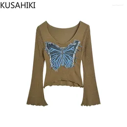 Women's Sweaters KUSAHIKI Autumn Butterfly Applique Short Knitwear Tops Causal Flare Sleeve Spicy Girl 2024 Pullover Knitted Jumper