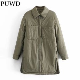 Parkas PUWD Women Green Cotton Jacket 2021 Winter Fashion Ladies Casual Oversize Long Parka Female Solid Single Breasted Outerwear