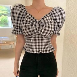 Women's Blouses Women Shirts Vintage Temperament One-line Neck Off-the-shoulder Plaid Shirt Clothing Summer Age Reduction Slim Tops