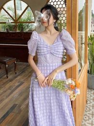 Party Dresses French Vintage Midi Dress Purple Puff Sleeve Fairy Bandage 2024 Summer Korean Casual Elegant For Women
