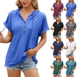 Women's T Shirts Solid Colour Hooded Buttoned Loose Short Sleeved Women Womens Tops Tunic Blouse Win