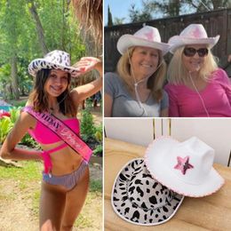 Berets Women Girls Adjustable Adult Size Neck Draw String Cow Girl Hat White Cowgirl Cowboy Pink Star