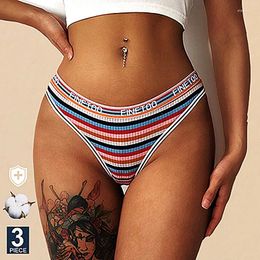 Women's Panties 3Pcs/Set Women Cotton Colorful Stripe Sexy Underwear G-Strings Rainbow Thongs Female Soft Breathable Intimates Lingerie