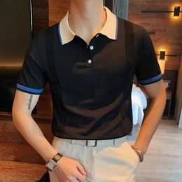 Men's Polos Vintage Patchwork Slim Lapel Knit Polo Shirts Men Fashion Button Short Sleeve Knitted Breathable Tops Mens Summer Clothing